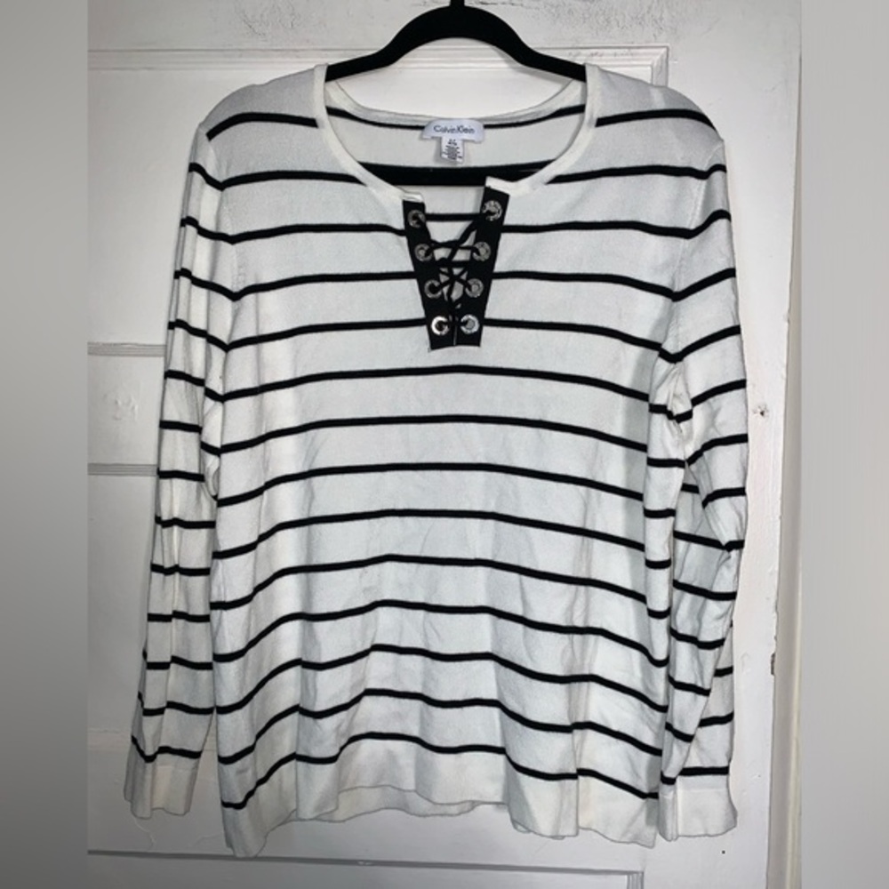 Calvin Klein white and black striped lace up‎ sweater size large